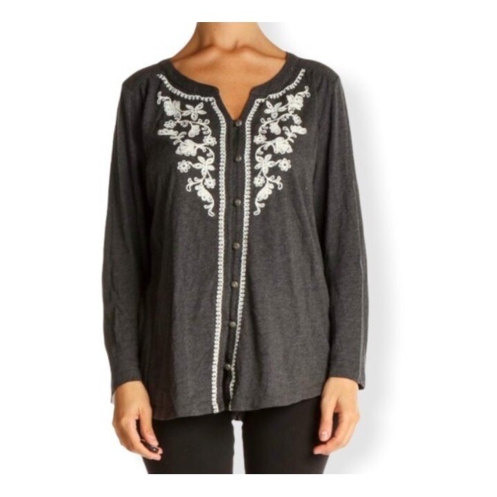 J Jill Embroidered Long Sleeve Henley Top Women Petite Small Grey Cotton Boho